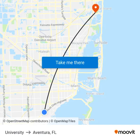 University to Aventura, FL map