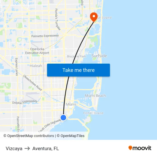 Vizcaya to Aventura, FL map