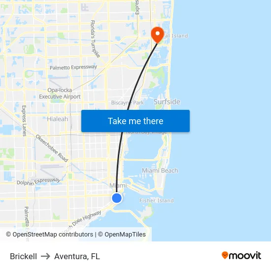 Brickell to Aventura, FL map
