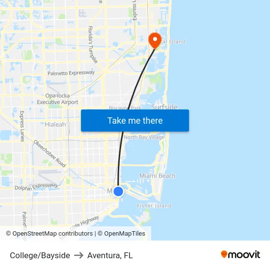 College/Bayside to Aventura, FL map