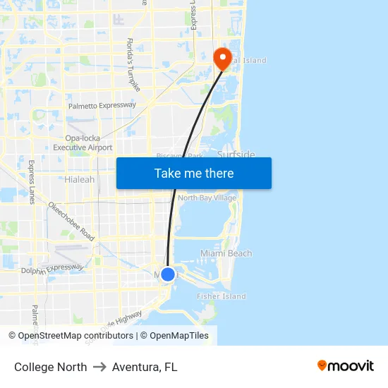 College North to Aventura, FL map