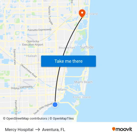 Mercy Hospital to Aventura, FL map
