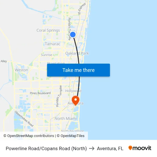 Powerline Road/Copans Road (North) to Aventura, FL map