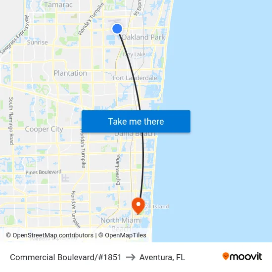 Commercial Boulevard/#1851 to Aventura, FL map