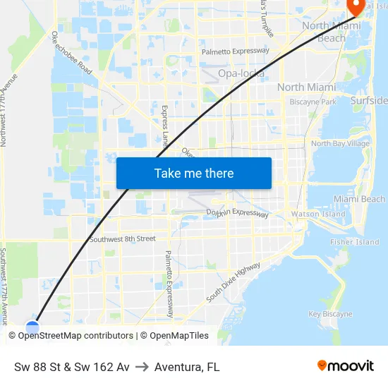 Sw 88 St & Sw 162 Av to Aventura, FL map