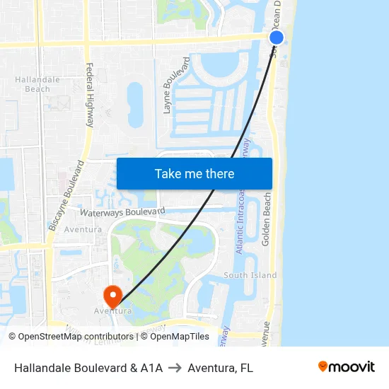 Hallandale Boulevard & A1A to Aventura, FL map