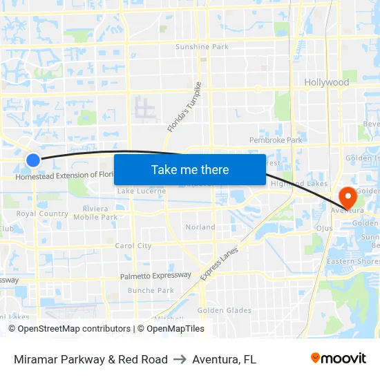 Miramar Parkway & Red Road to Aventura, FL map