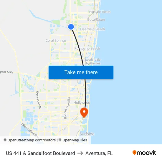 US 441 & Sandalfoot Boulevard to Aventura, FL map