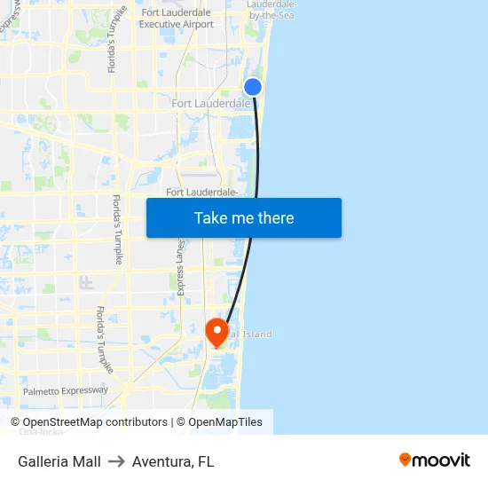 Galleria Mall to Aventura, FL map