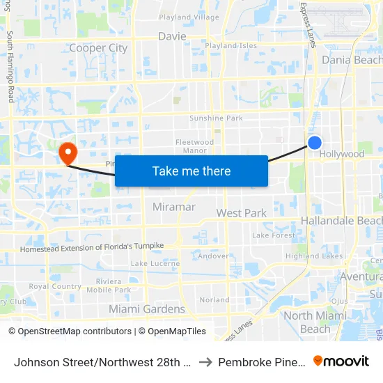 Johnson Street/Northwest 28th Avenue to Pembroke Pines, FL map
