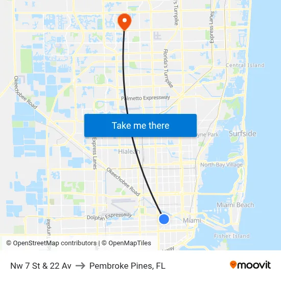Nw 7 St & 22 Av to Pembroke Pines, FL map
