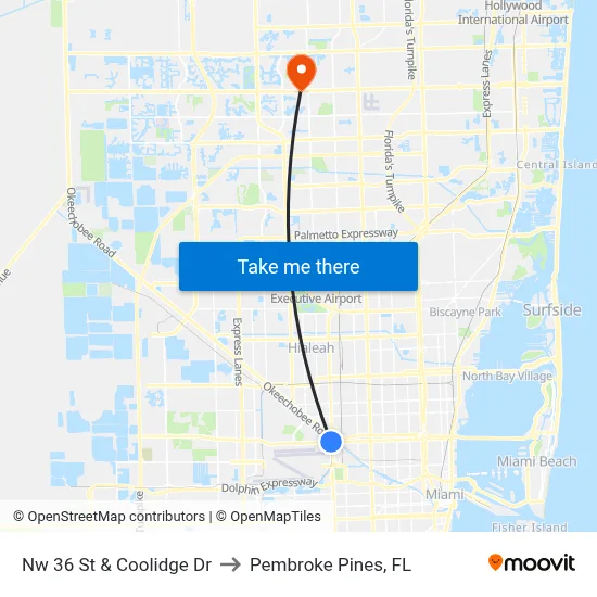 Nw 36 St & Coolidge Dr to Pembroke Pines, FL map