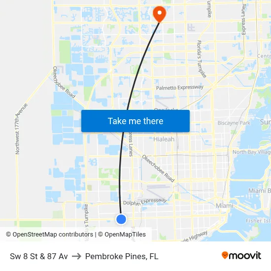 Sw 8 St & 87 Av to Pembroke Pines, FL map