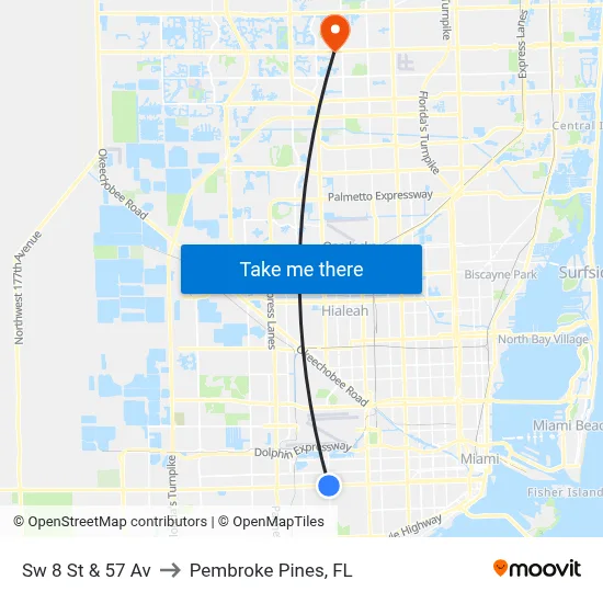 Sw 8 St & 57 Av to Pembroke Pines, FL map