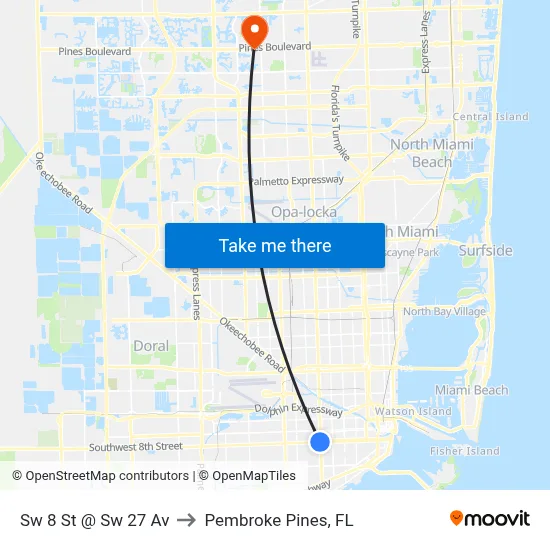 Sw 8 St @ Sw 27 Av to Pembroke Pines, FL map