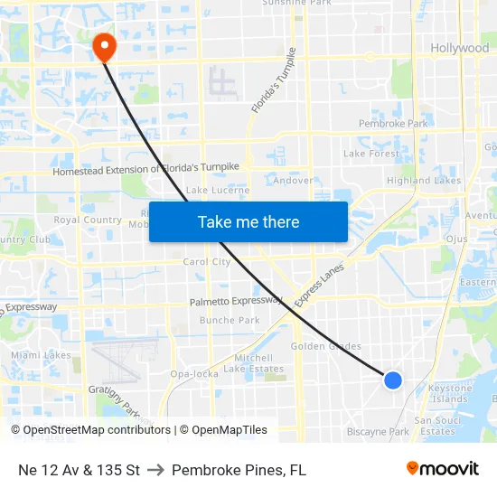 Ne 12 Av & 135 St to Pembroke Pines, FL map