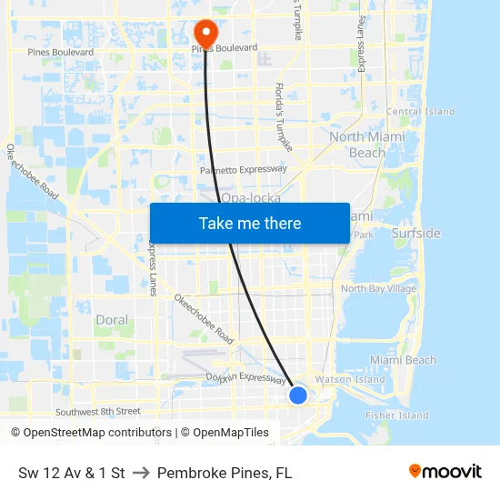 Sw 12 Av & 1 St to Pembroke Pines, FL map
