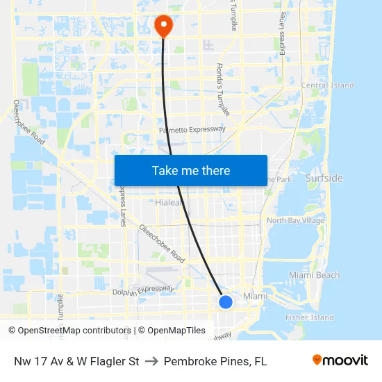 Nw 17 Av & W Flagler St to Pembroke Pines, FL map