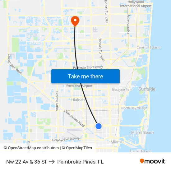 Nw 22 Av & 36 St to Pembroke Pines, FL map