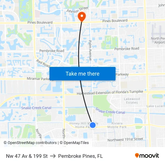 Nw 47 Av & 199 St to Pembroke Pines, FL map