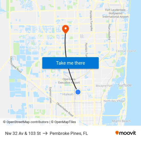 Nw 32 Av & 103 St to Pembroke Pines, FL map