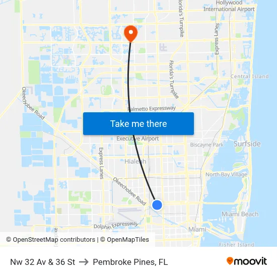Nw 32 Av & 36 St to Pembroke Pines, FL map