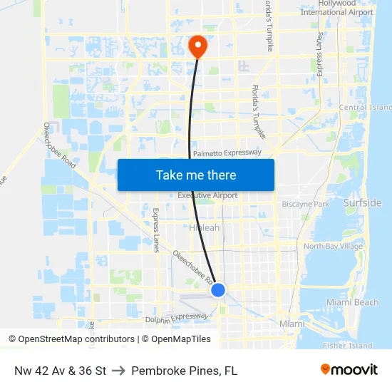 Nw 42 Av & 36 St to Pembroke Pines, FL map