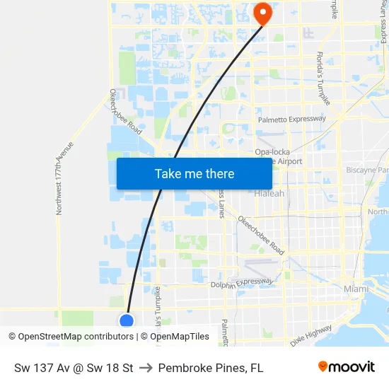 Sw 137 Av @ Sw 18 St to Pembroke Pines, FL map