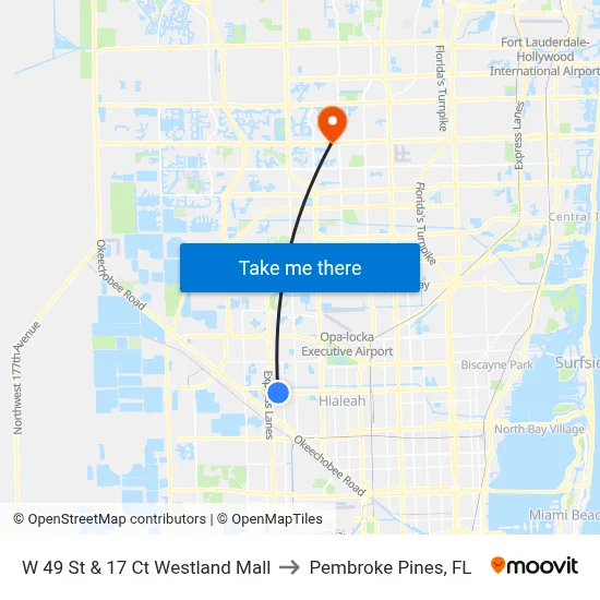 W 49 St & 17 Ct Westland Mall to Pembroke Pines, FL map