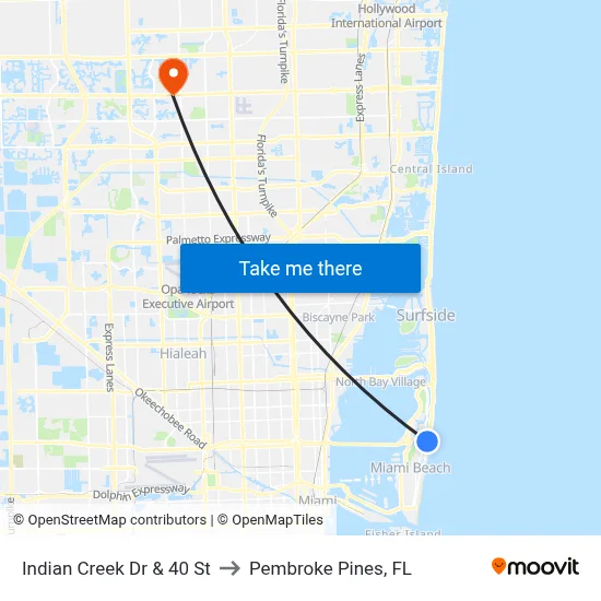 Indian Creek Dr & 40 St to Pembroke Pines, FL map