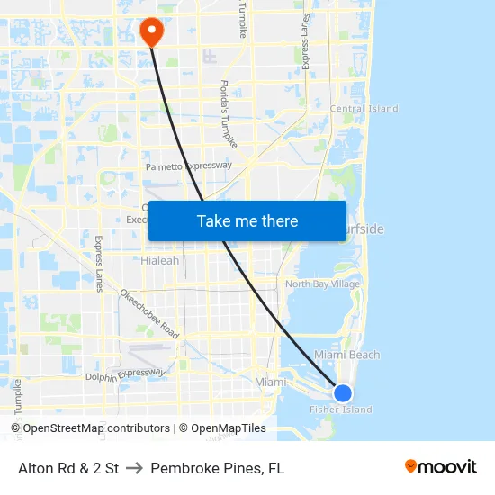 Alton Rd & 2 St to Pembroke Pines, FL map