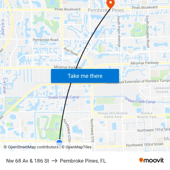 Nw 68 Av & 186 St to Pembroke Pines, FL map
