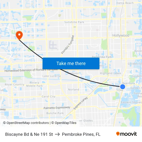 Biscayne Bd & Ne 191 St to Pembroke Pines, FL map