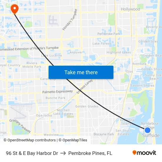 96 St & E Bay Harbor Dr to Pembroke Pines, FL map