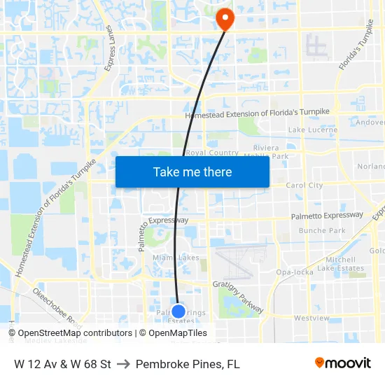 W 12 Av & W 68 St to Pembroke Pines, FL map