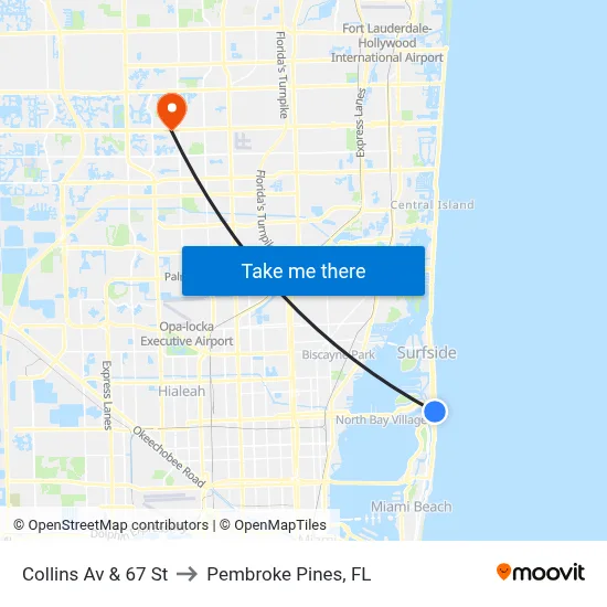 Collins Av & 67 St to Pembroke Pines, FL map