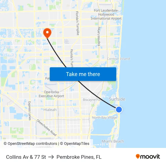 Collins Av & 77 St to Pembroke Pines, FL map