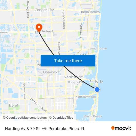 Harding Av & 79 St to Pembroke Pines, FL map