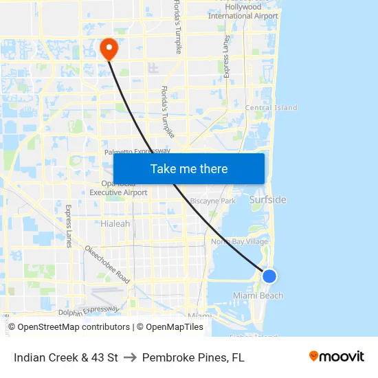Indian Creek & 43 St to Pembroke Pines, FL map
