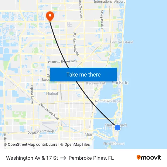 Washington Av & 17 St to Pembroke Pines, FL map
