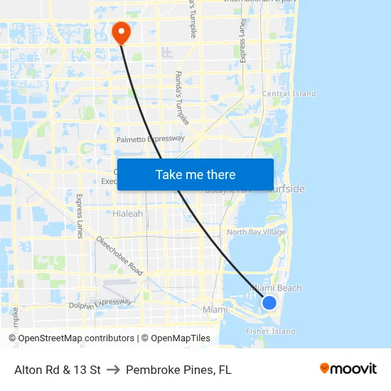 Alton Rd & 13 St to Pembroke Pines, FL map