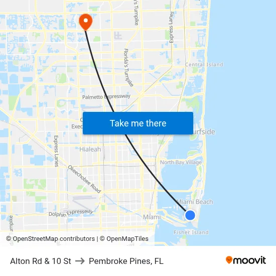 Alton Rd & 10 St to Pembroke Pines, FL map