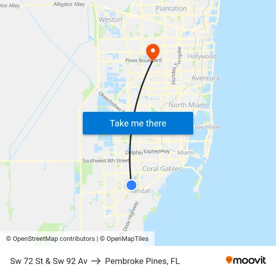 Sw 72 St & Sw 92 Av to Pembroke Pines, FL map