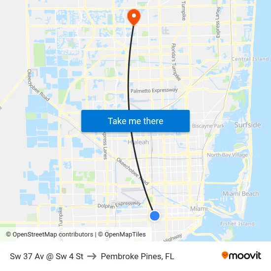 Sw 37 Av @ Sw 4 St to Pembroke Pines, FL map