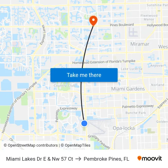 Miami Lakes Dr E & Nw 57 Ct to Pembroke Pines, FL map
