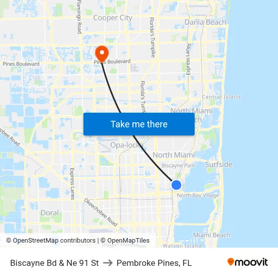 Biscayne Bd & Ne 91 St to Pembroke Pines, FL map