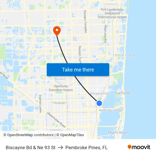 Biscayne Bd & Ne 93 St to Pembroke Pines, FL map