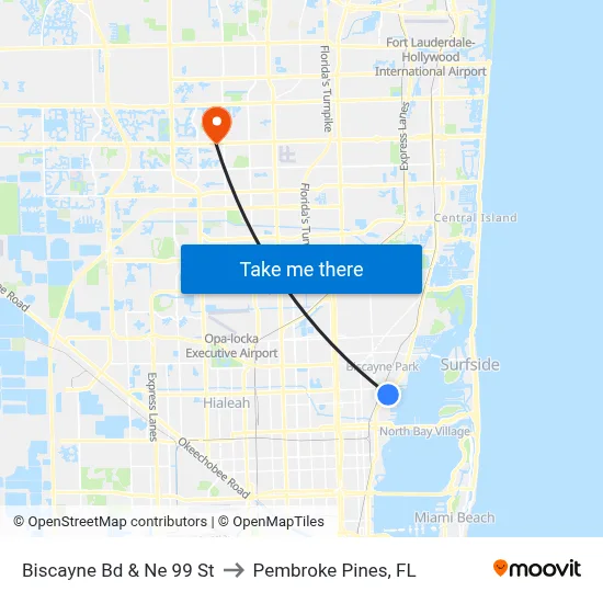 Biscayne Bd & Ne 99 St to Pembroke Pines, FL map