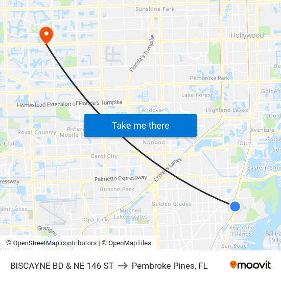 Biscayne Bd & Ne 146 St to Pembroke Pines, FL map