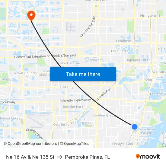 Ne 16 Av & Ne 135 St to Pembroke Pines, FL map